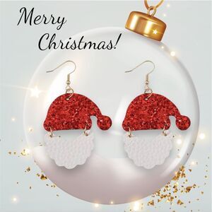 NWT Christmas Red Glitter Santa Hat Beard Dangle Drop Leather Earrings